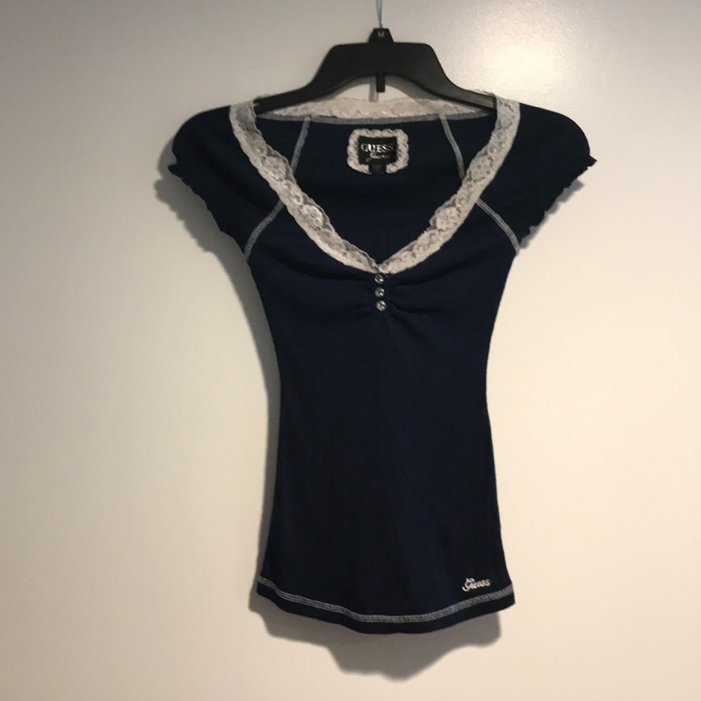 Guess navy blue top with white lace trim